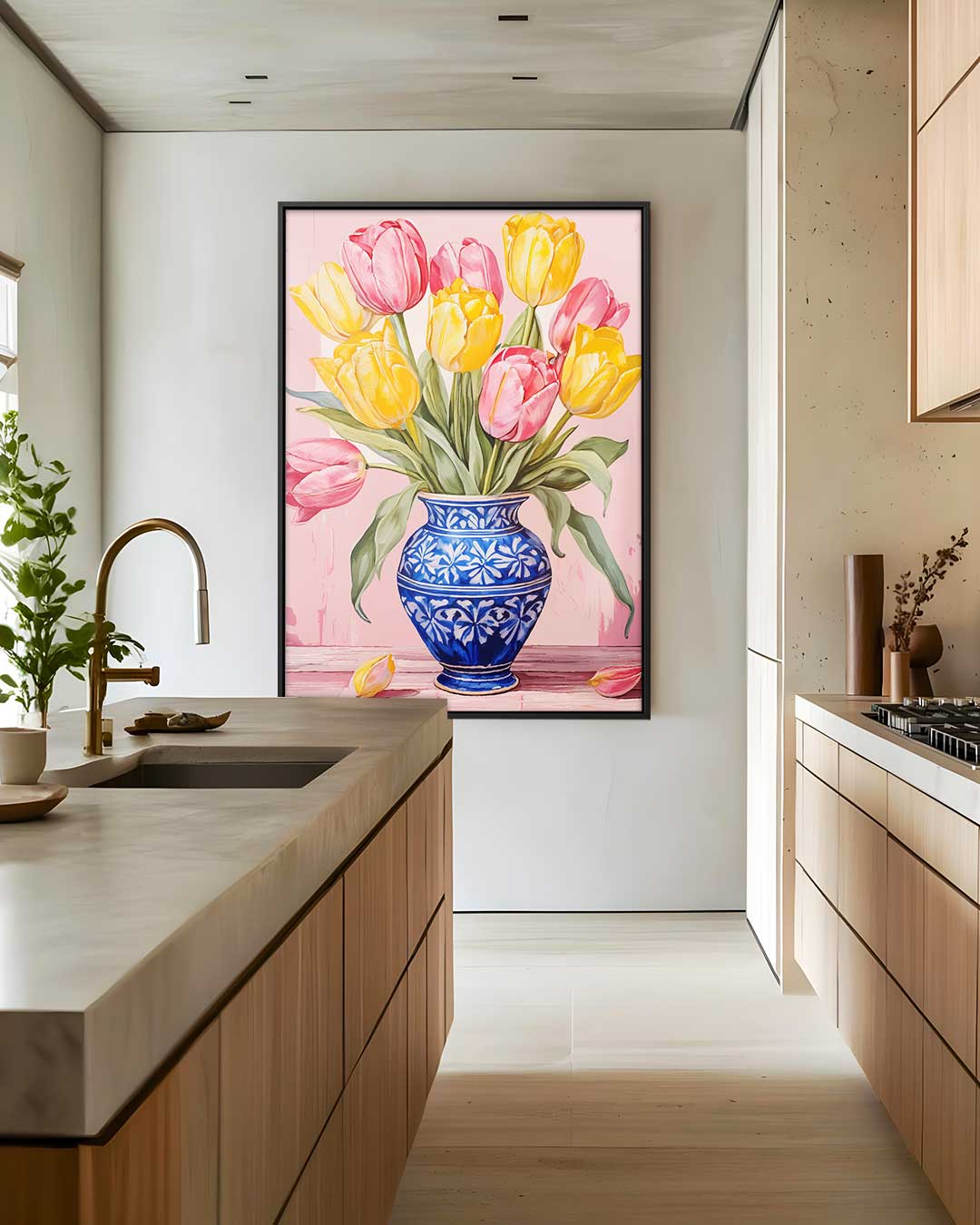 Stralende Tulpen in Blauwe Vaas Kunstwerk-canvas-dibond-plexiglas-wanddecoratie-WallArtistic