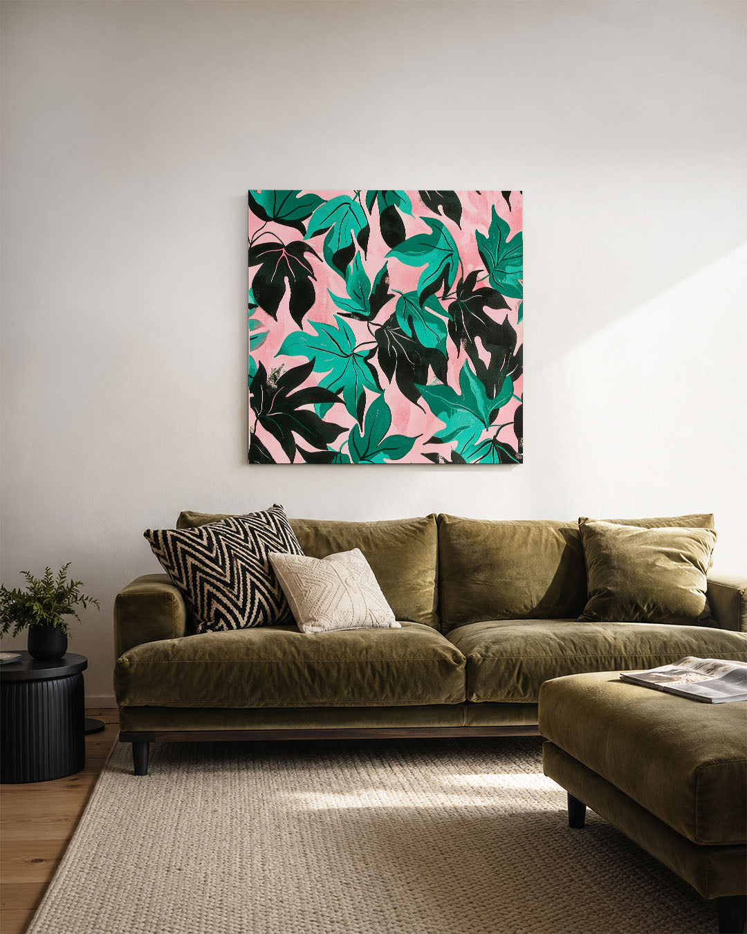 Bladmotief op roze Kunstwerk