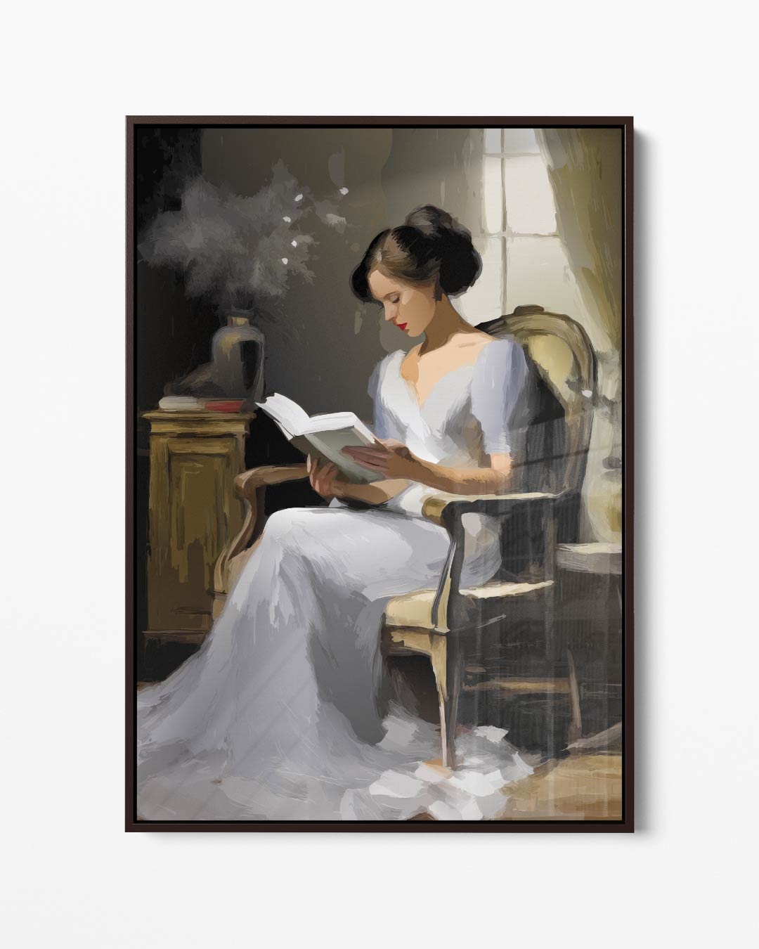 Vrouw Leest Boek aan het Raam Kunstwerk-canvas-dibond-plexiglas-wanddecoratie-WallArtistic
