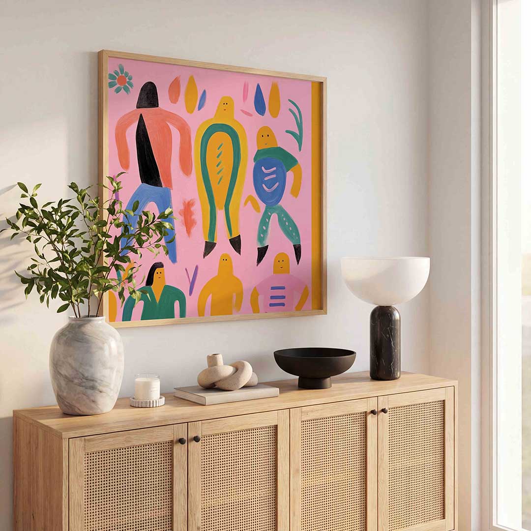 Vrolijke figuren op roze Poster
