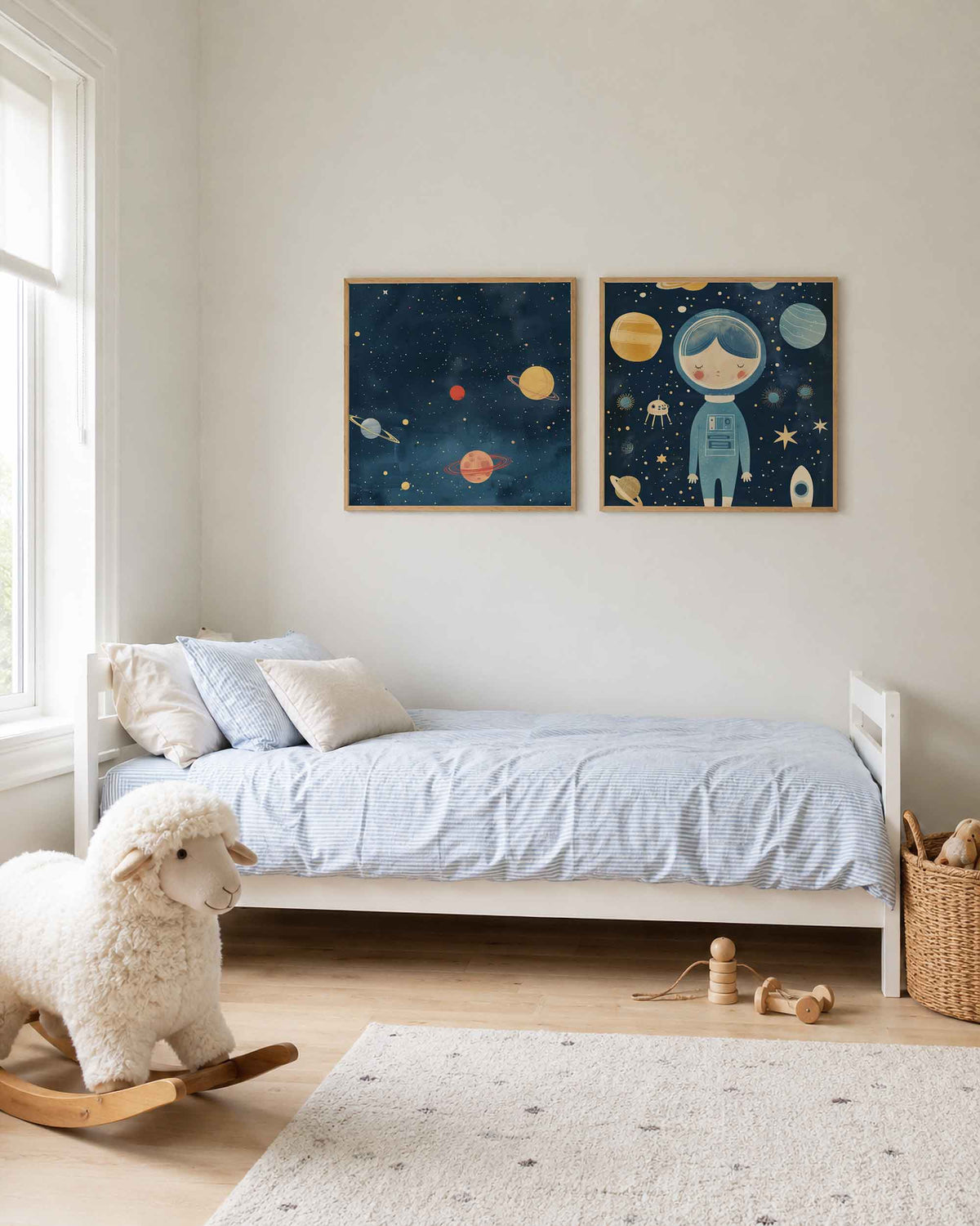 Interieurpresentatie van een tweedelige vierkante posterset met planeten en astronaut
