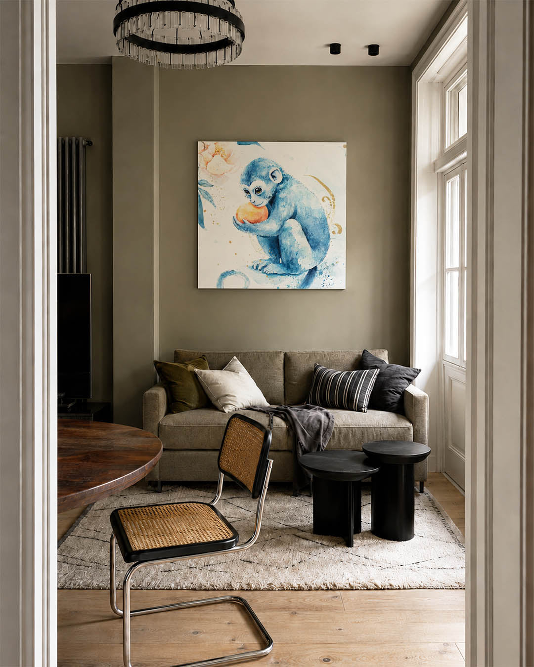 Speelse blauwe aap Kunstwerk