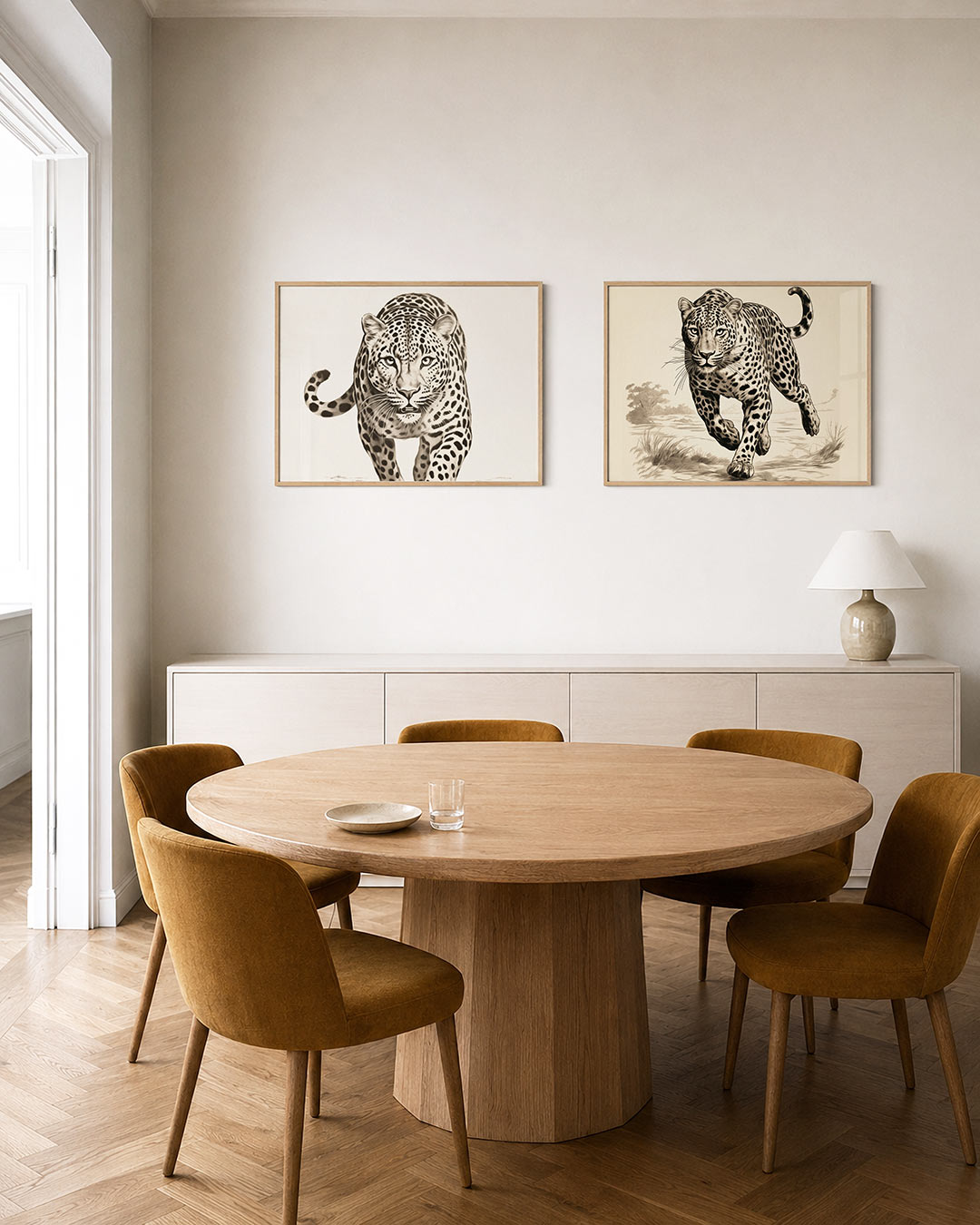 Tweedelige posterset met een luipaard in zwart-wit, getoond in een interieur