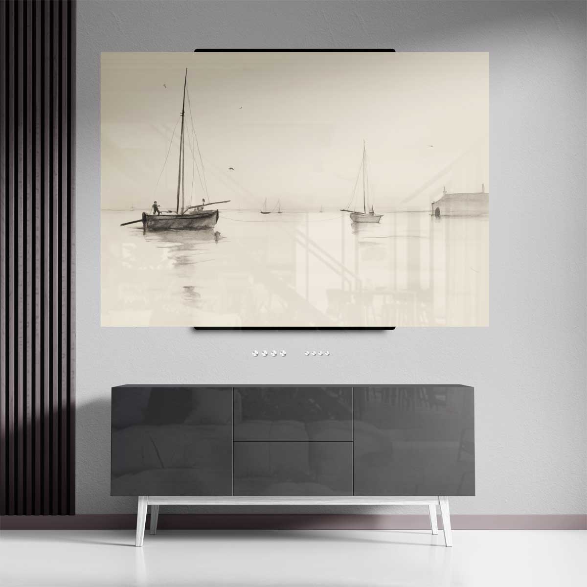 Rustige Zeilboten op Mistige Zee Kunstwerk-canvas-dibond-plexiglas-wanddecoratie-WallArtistic