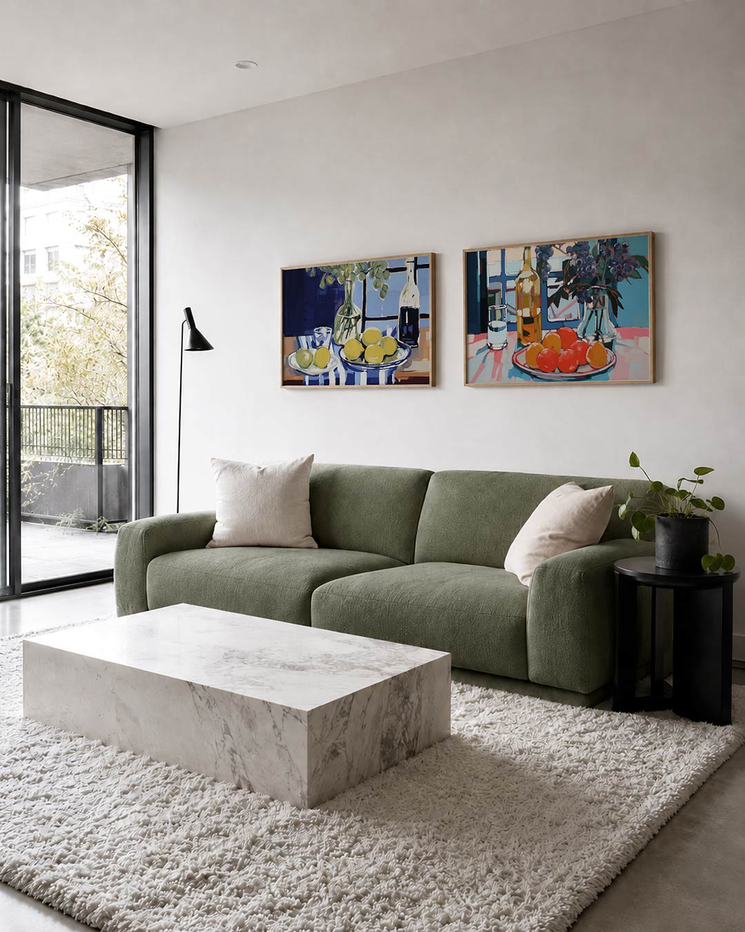 Tweedelige posterset met een posterset in twee delen met gele citroenen, getoond in een interieur