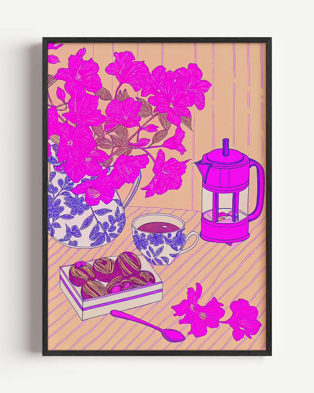 Roze Bloemen en Koffie Moment Poster
