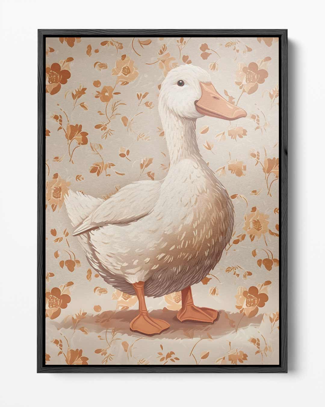 Vrolijke Eend Op Bloemenachtergrond Kunstwerk-canvas-dibond-plexiglas-wanddecoratie-WallArtistic
