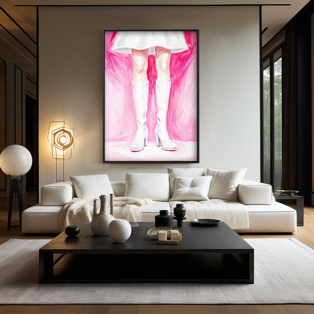 Witte Laarzen op Roze Kunstwerk-canvas-dibond-plexiglas-wanddecoratie-WallArtistic