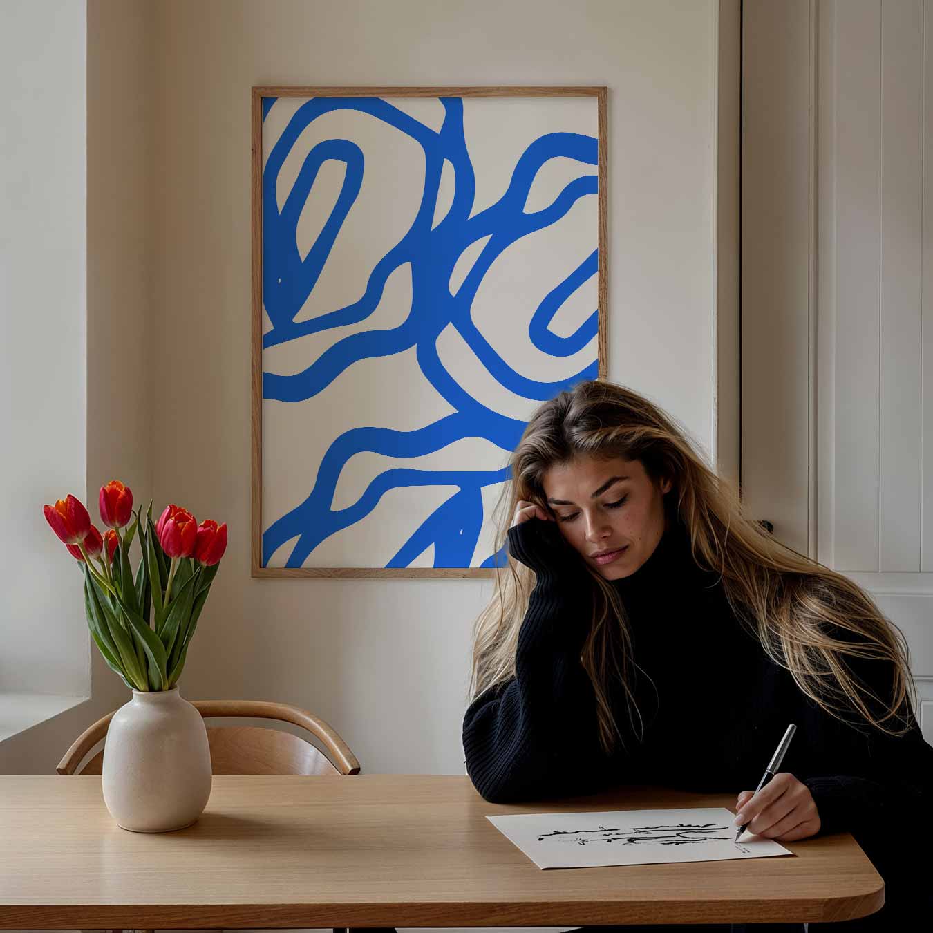 Abstracte Blauw-Witte Kunstposter