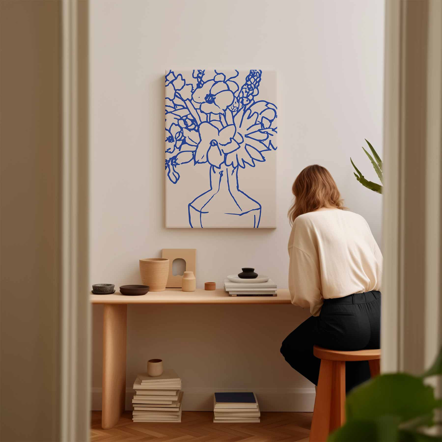 Blaauw Lijnenspel Bloemen Kunstwerk-canvas-dibond-plexiglas-wanddecoratie-WallArtistic