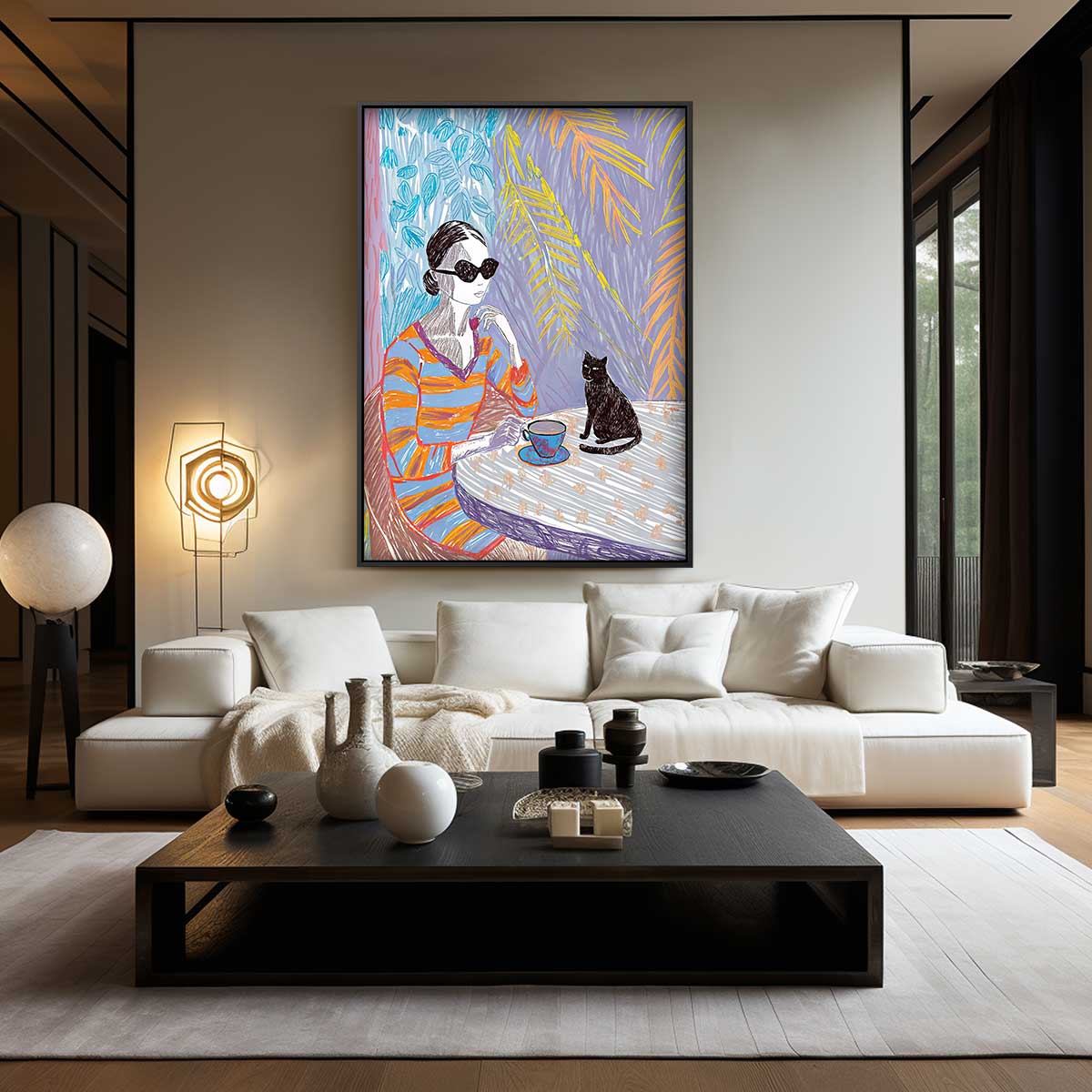 Ontspanmomentje met Koffie en Kat Kunstwerk-canvas-dibond-plexiglas-wanddecoratie-WallArtistic