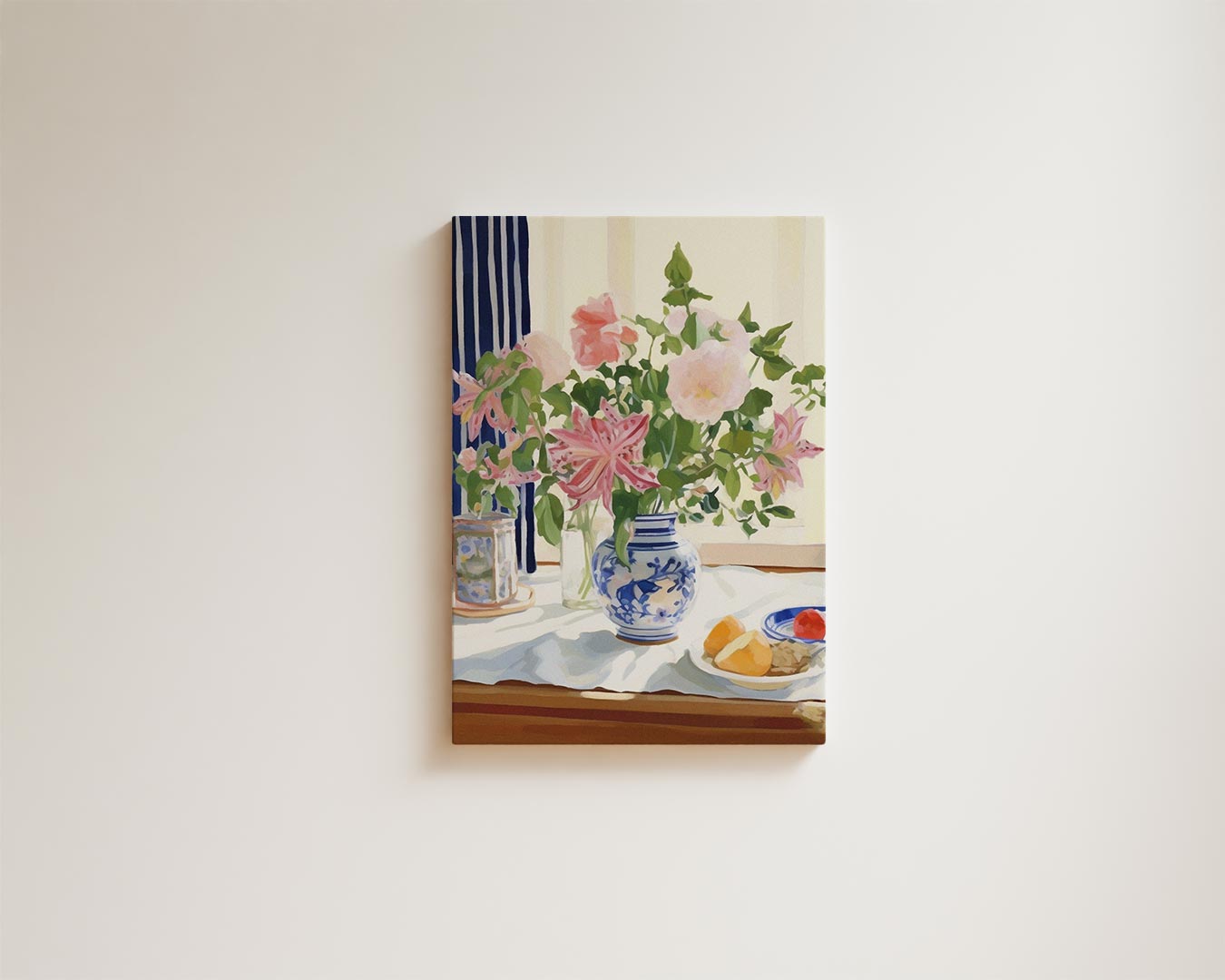 Zomers Bloemenboeket in Blauwe Vaas Kunstwerk-canvas-dibond-plexiglas-wanddecoratie-WallArtistic