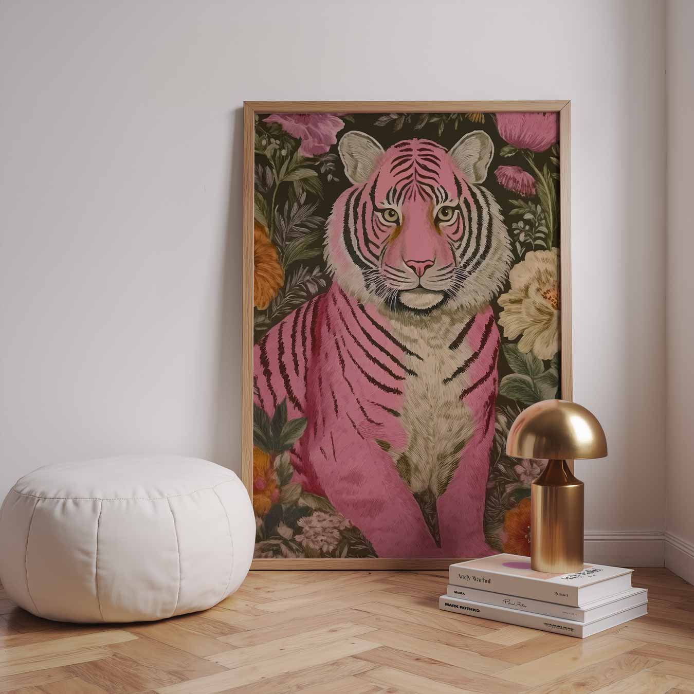 Roze Tijger en Bloemen Poster