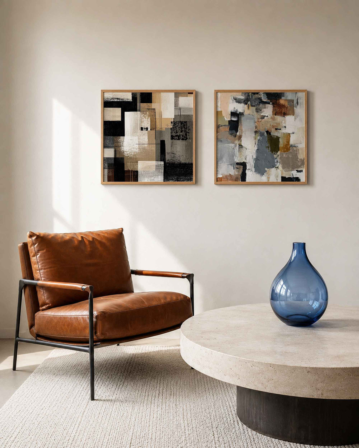 Interieurpresentatie van een tweedelige vierkante posterset met geometrische vlakken