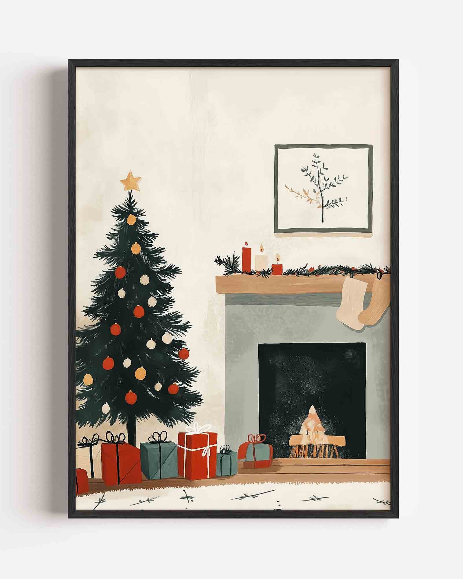 Kerstboom en open haard Poster