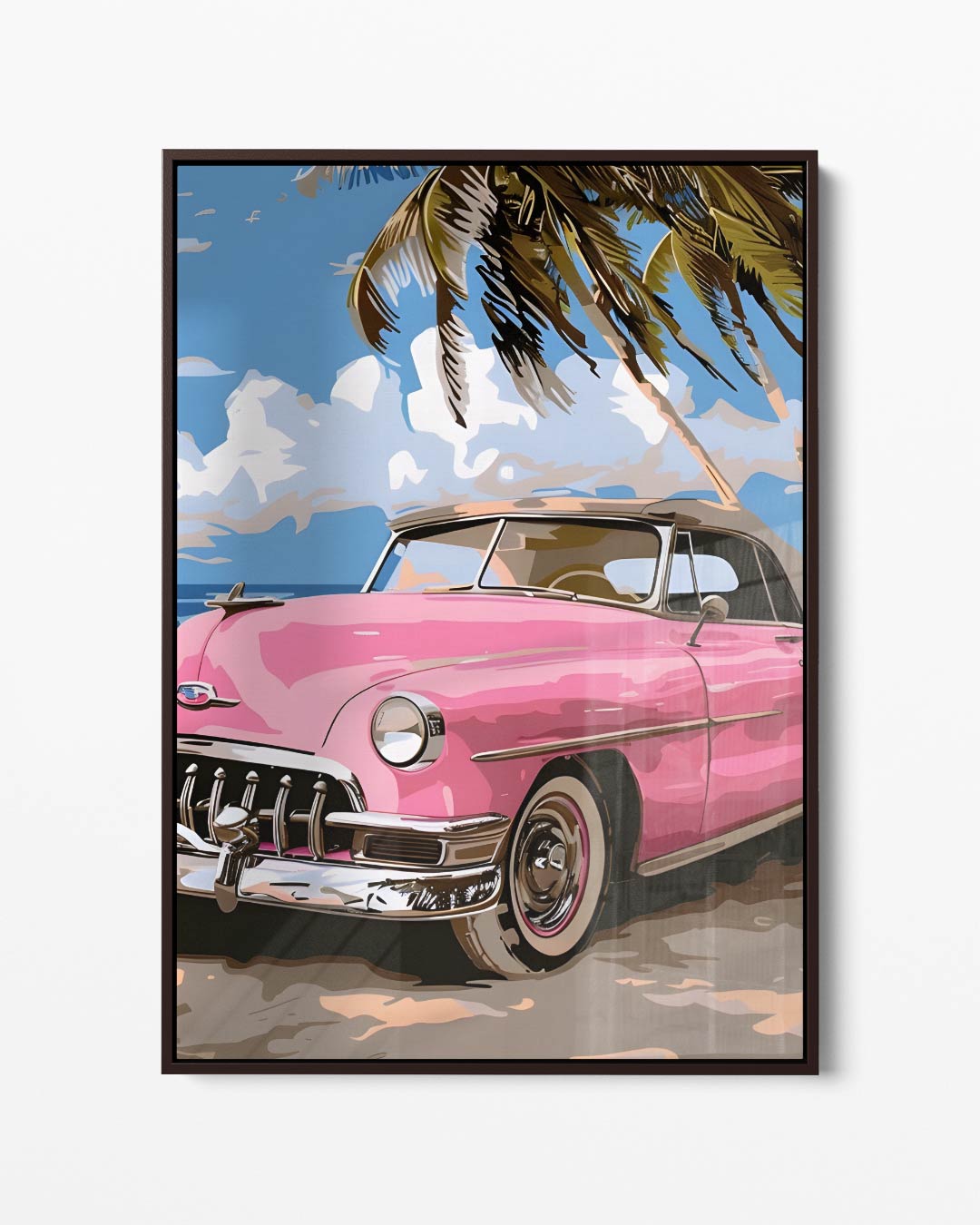 Roze Oldtimer aan het Strand Kunstwerk-canvas-dibond-plexiglas-wanddecoratie-WallArtistic
