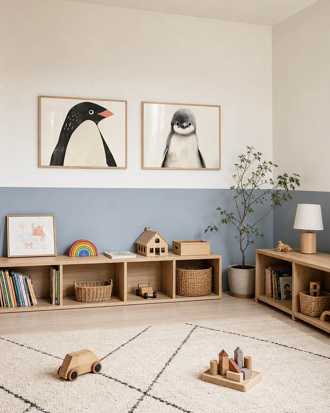 Tweedelige posterset met een speelse pinguïn met een zwart-wit kleurenschema, getoond in een interieur