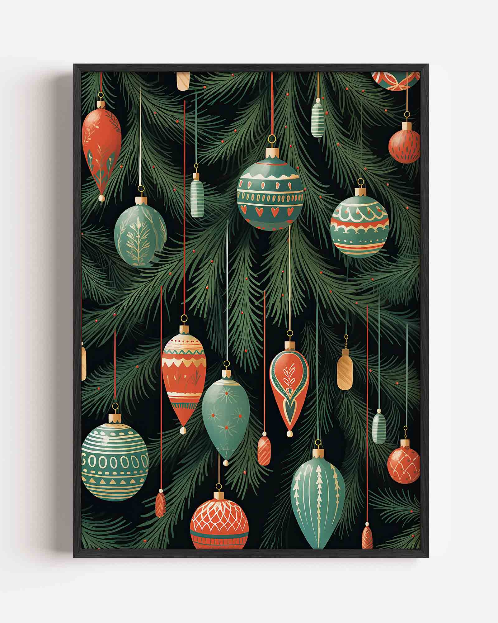 Kerstballen en dennentakken Poster