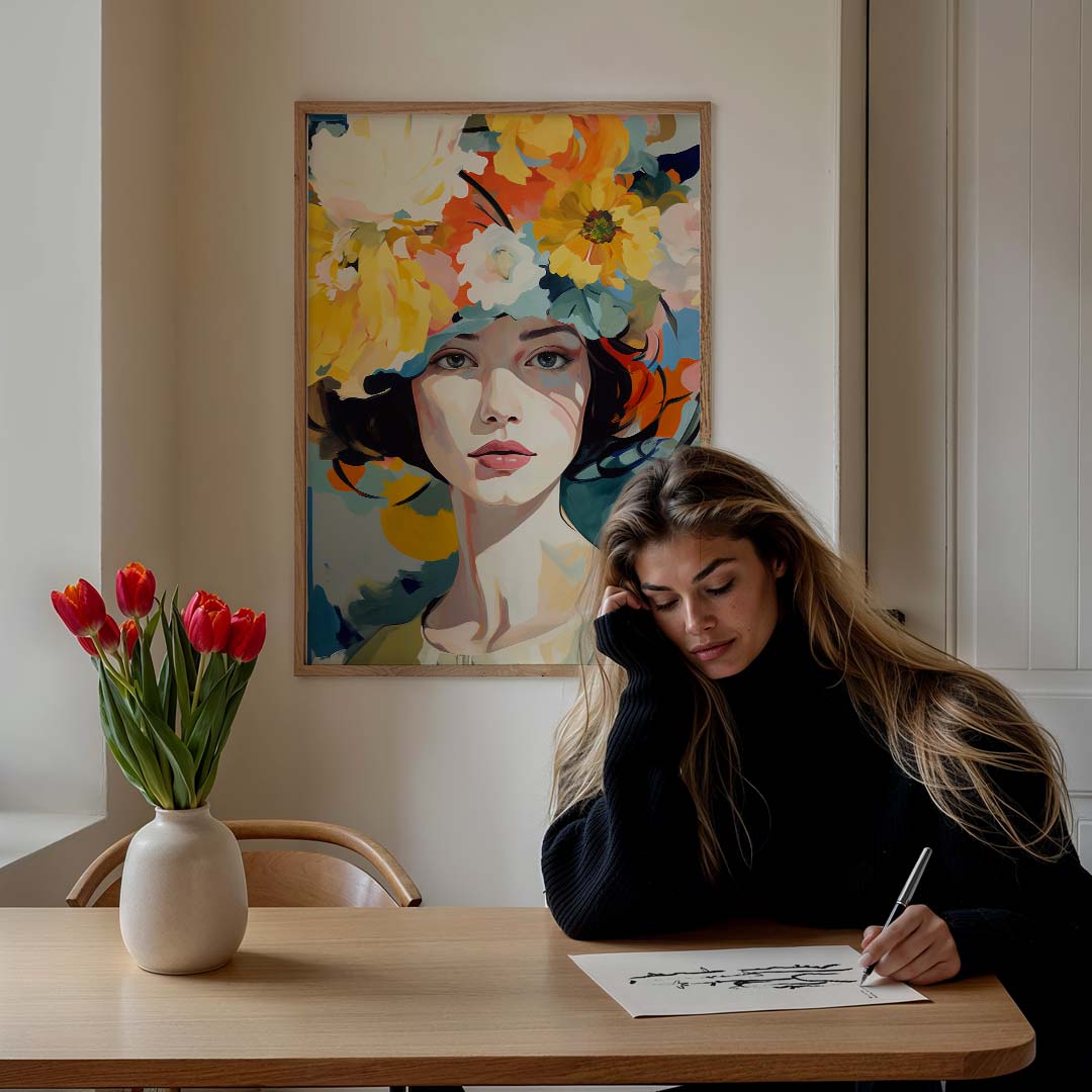 Bloemenkrans Damesportret Poster-WallArtistic