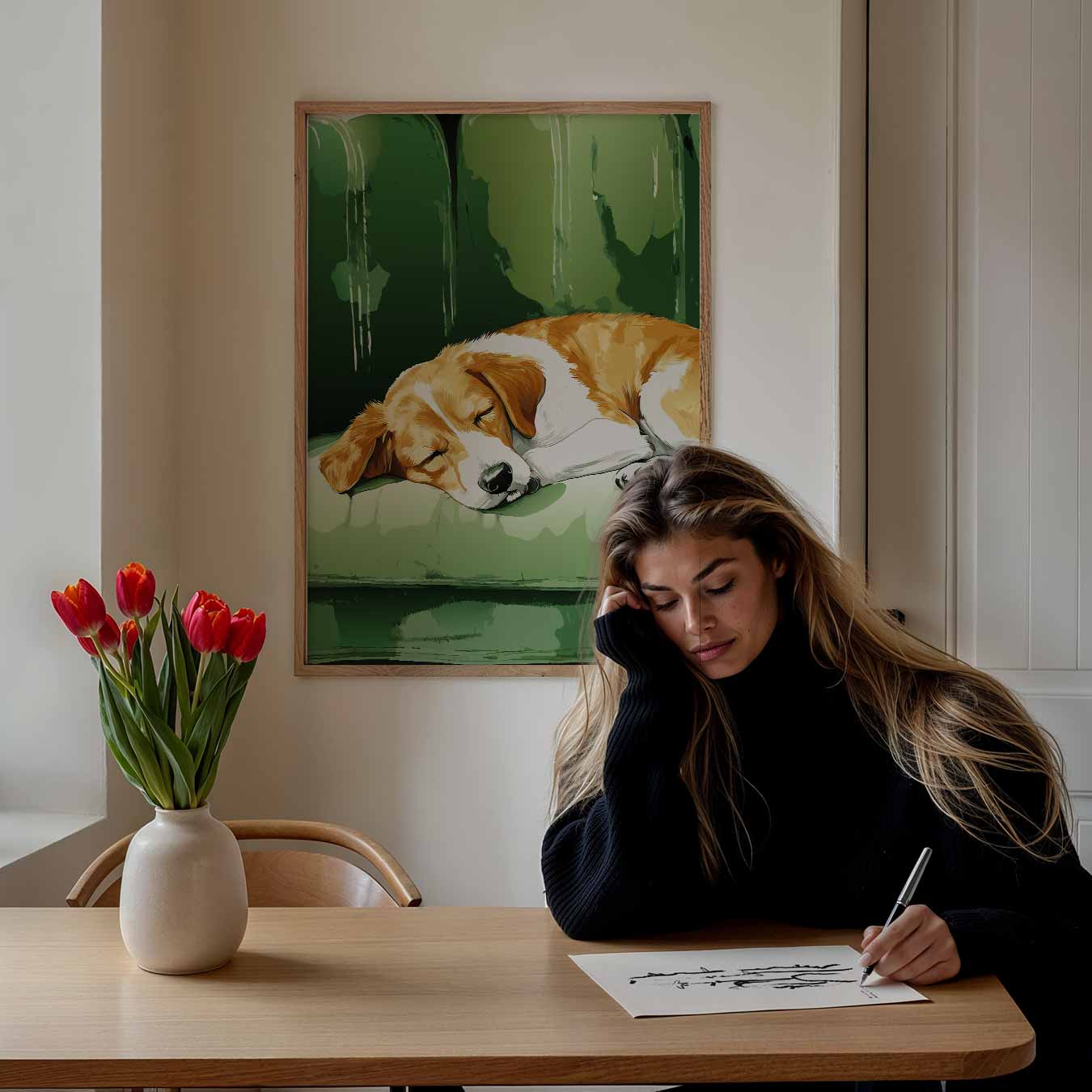 Slapende Hond op Groene Bank Poster