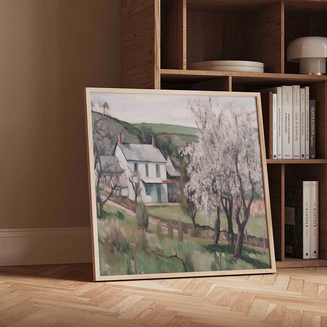 Landelijk huis met bloesem Poster