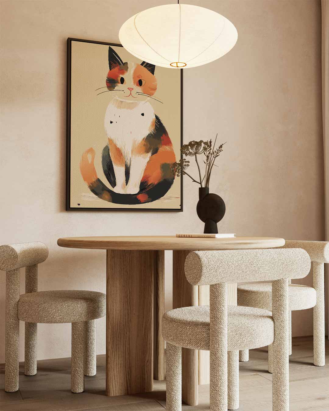 Charmante Calico Kat Illustratie Kunstwerk-canvas-dibond-plexiglas-wanddecoratie-WallArtistic