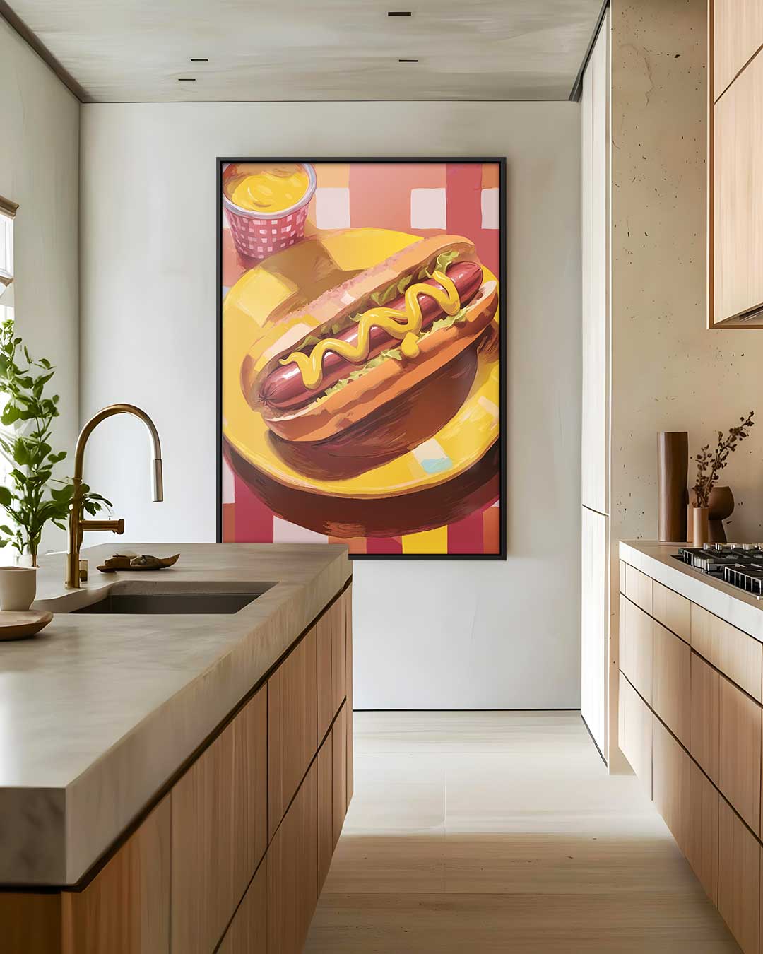 Smakelijke Hotdog Expressie Kunstwerk-canvas-dibond-plexiglas-wanddecoratie-WallArtistic