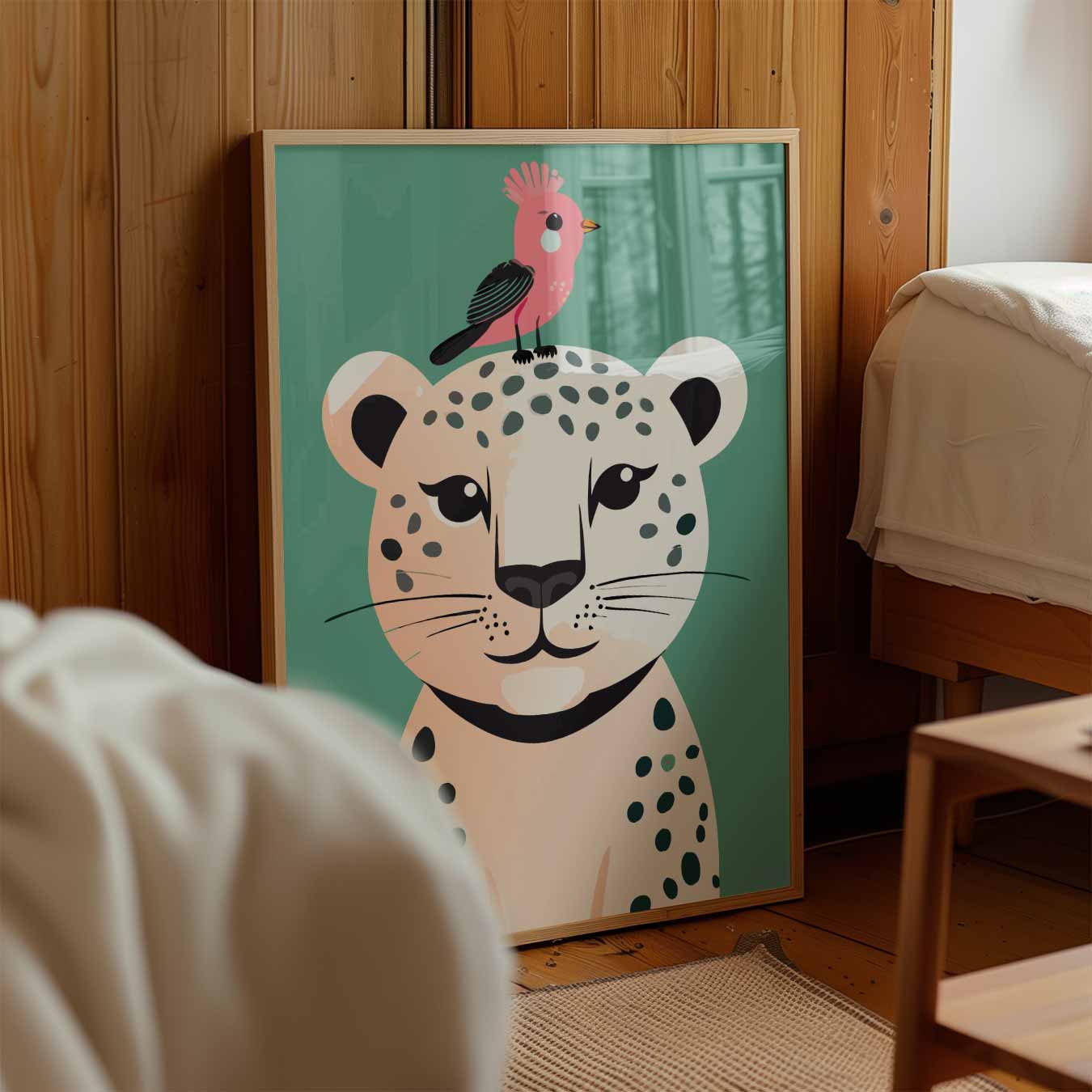 Vrolijke Luipaard en Vogel Poster