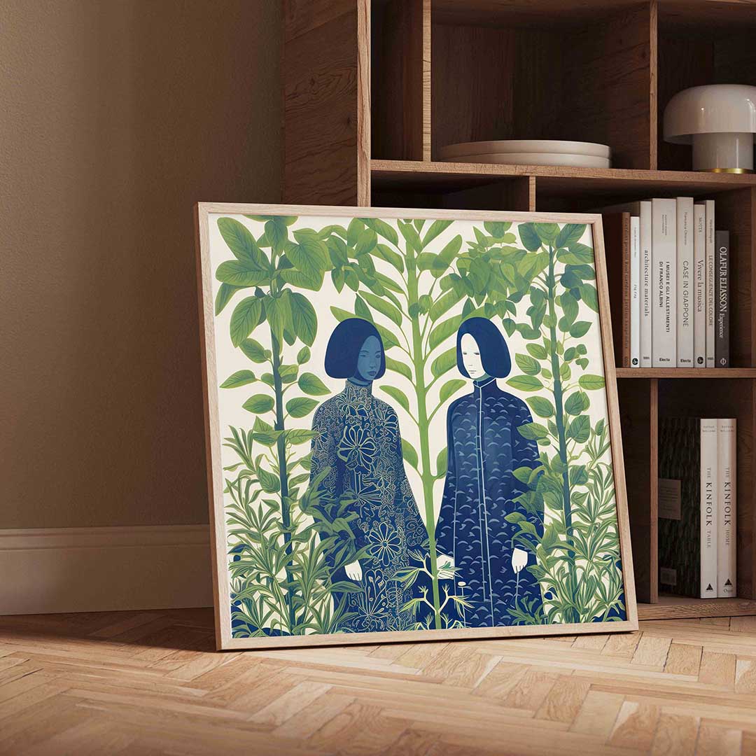 Twee figuren tussen groene planten Poster