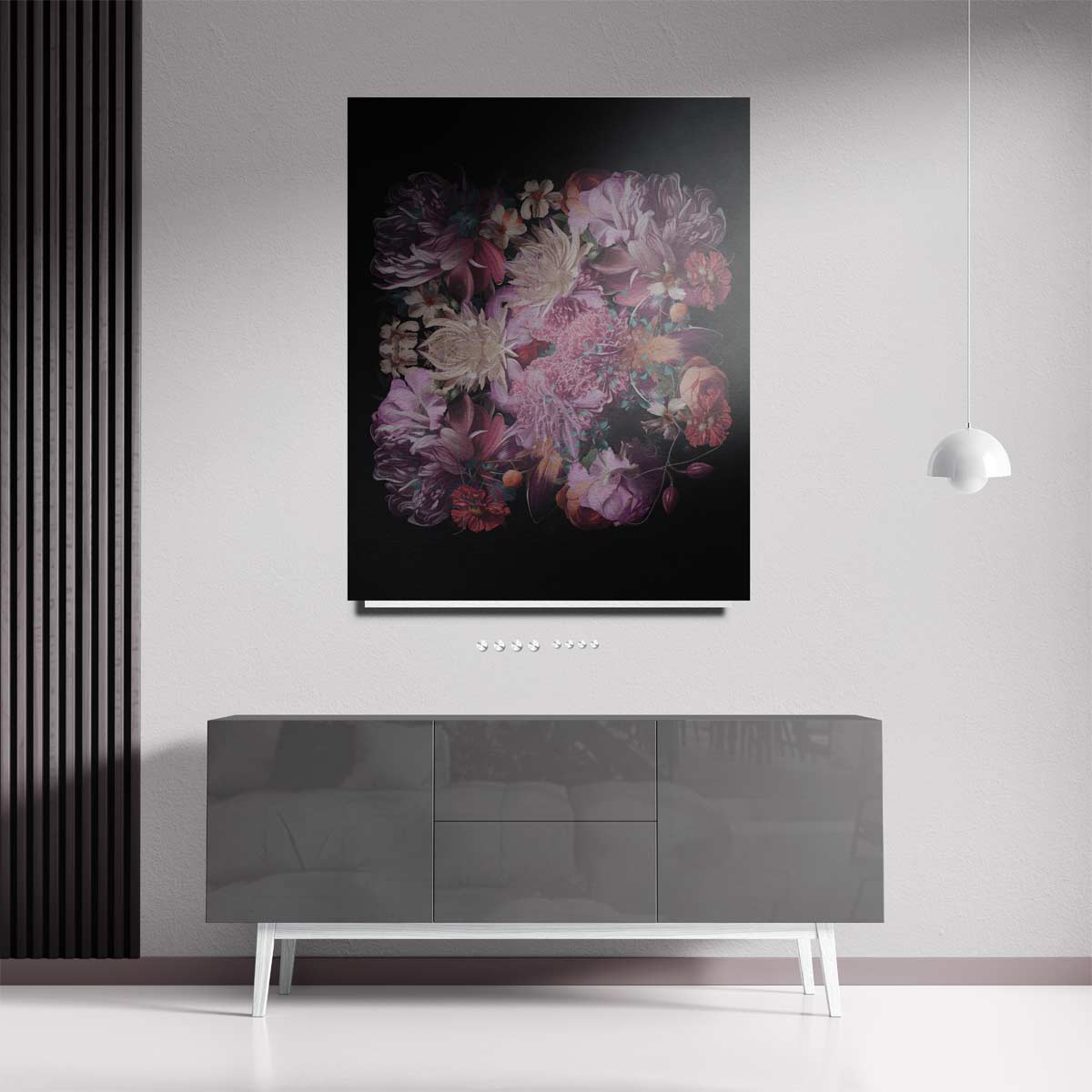 Bloemenpracht op Zwart Kunstwerk-canvas-dibond-plexiglas-wanddecoratie-WallArtistic