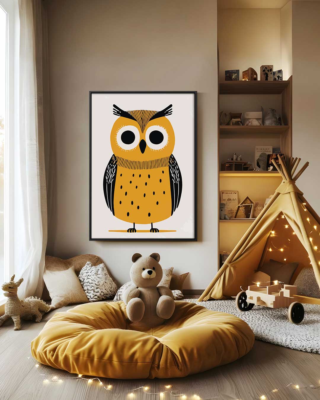 Vrolijke Uil Illustratie Kunstwerk-canvas-dibond-plexiglas-wanddecoratie-WallArtistic