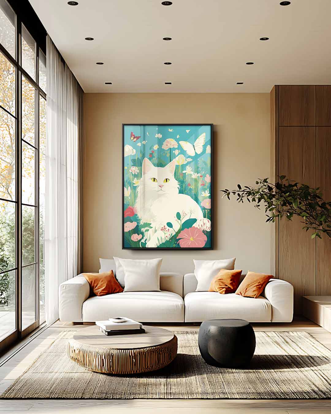 Dromerige Kat in Bloemenweide Kunstwerk-canvas-dibond-plexiglas-wanddecoratie-WallArtistic