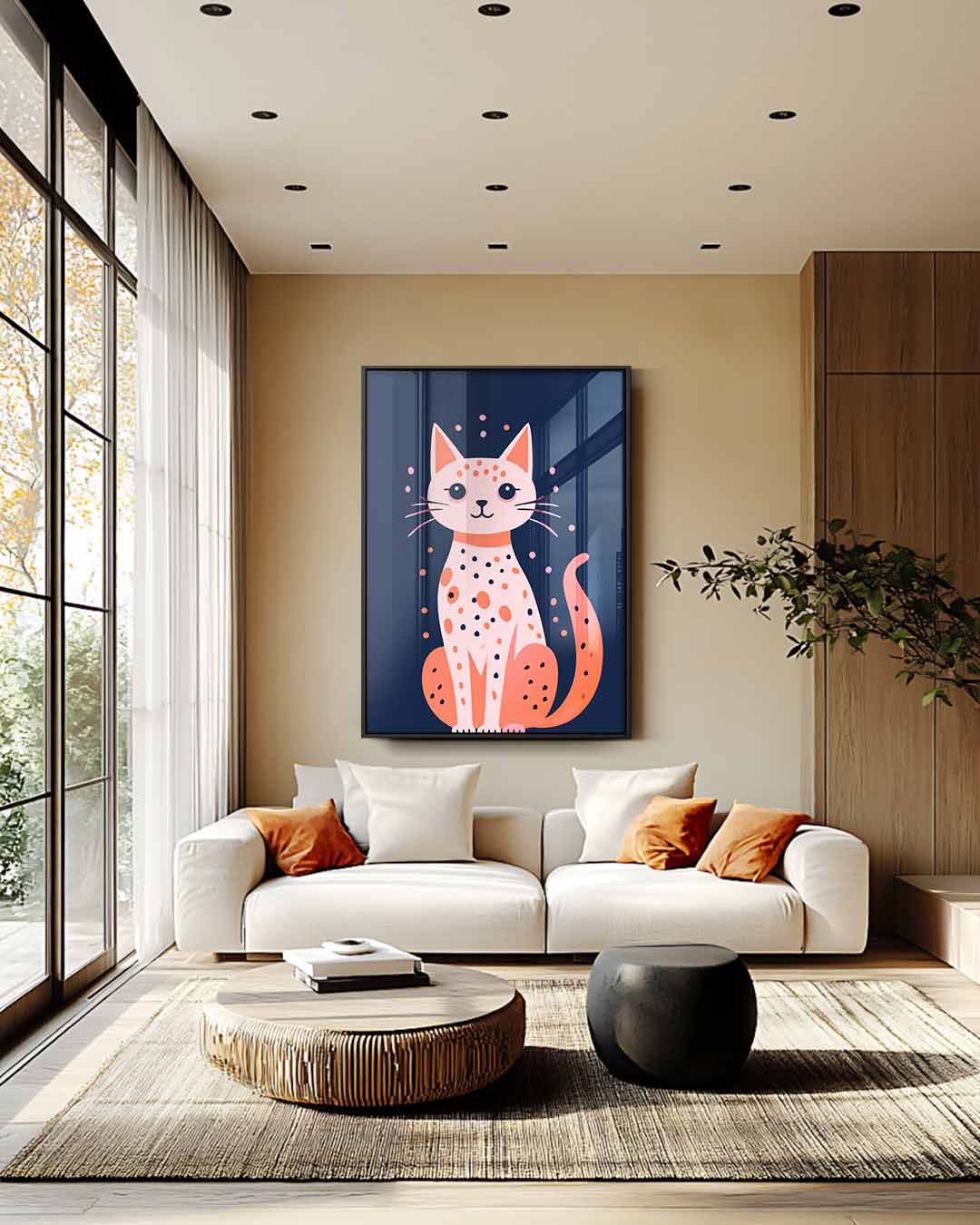 Vrolijke Kat Illustratie Kunstwerk-canvas-dibond-plexiglas-wanddecoratie-WallArtistic