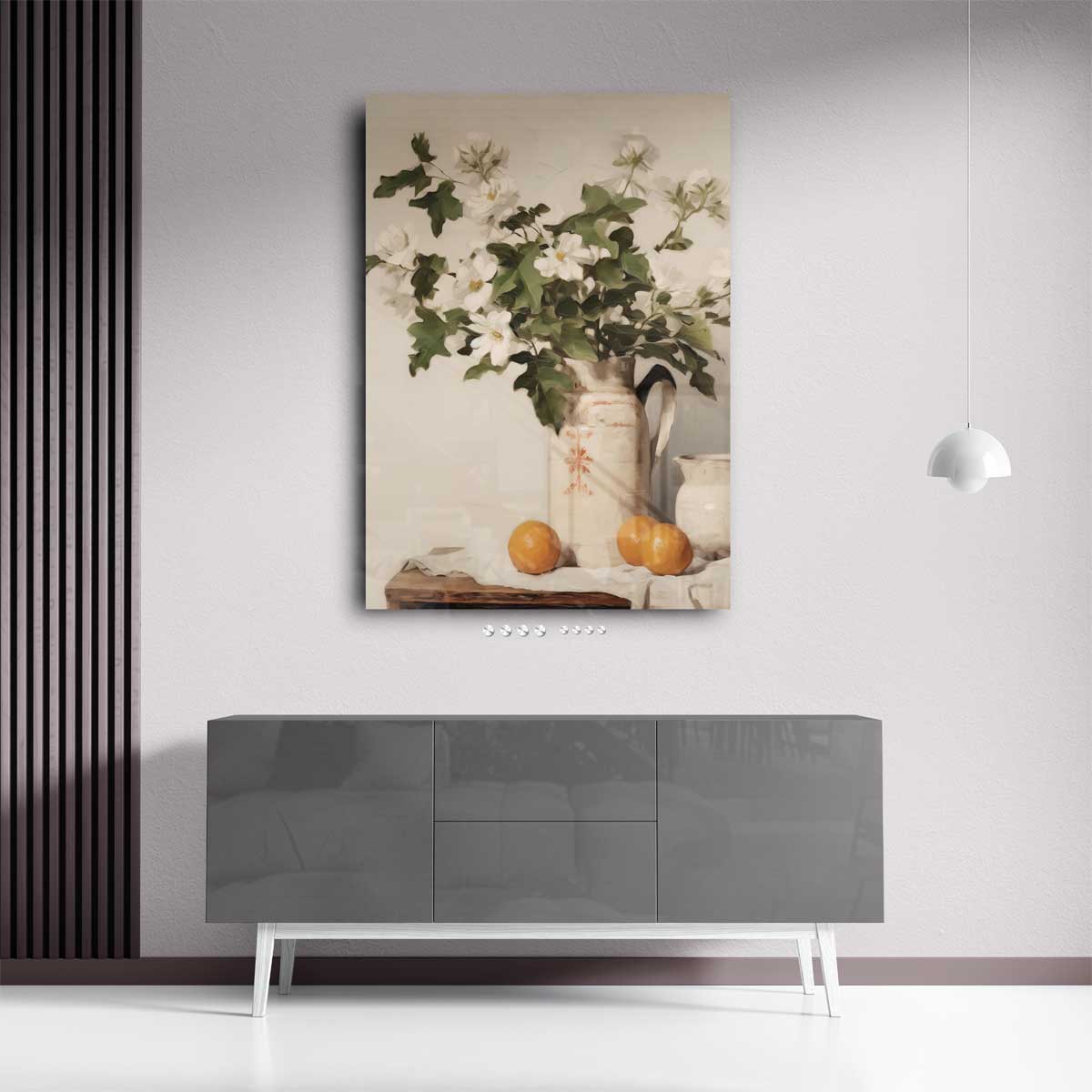 Bloemen en Sinaasappels in Aardewerken Kan Kunstwerk-canvas-dibond-plexiglas-wanddecoratie-WallArtistic