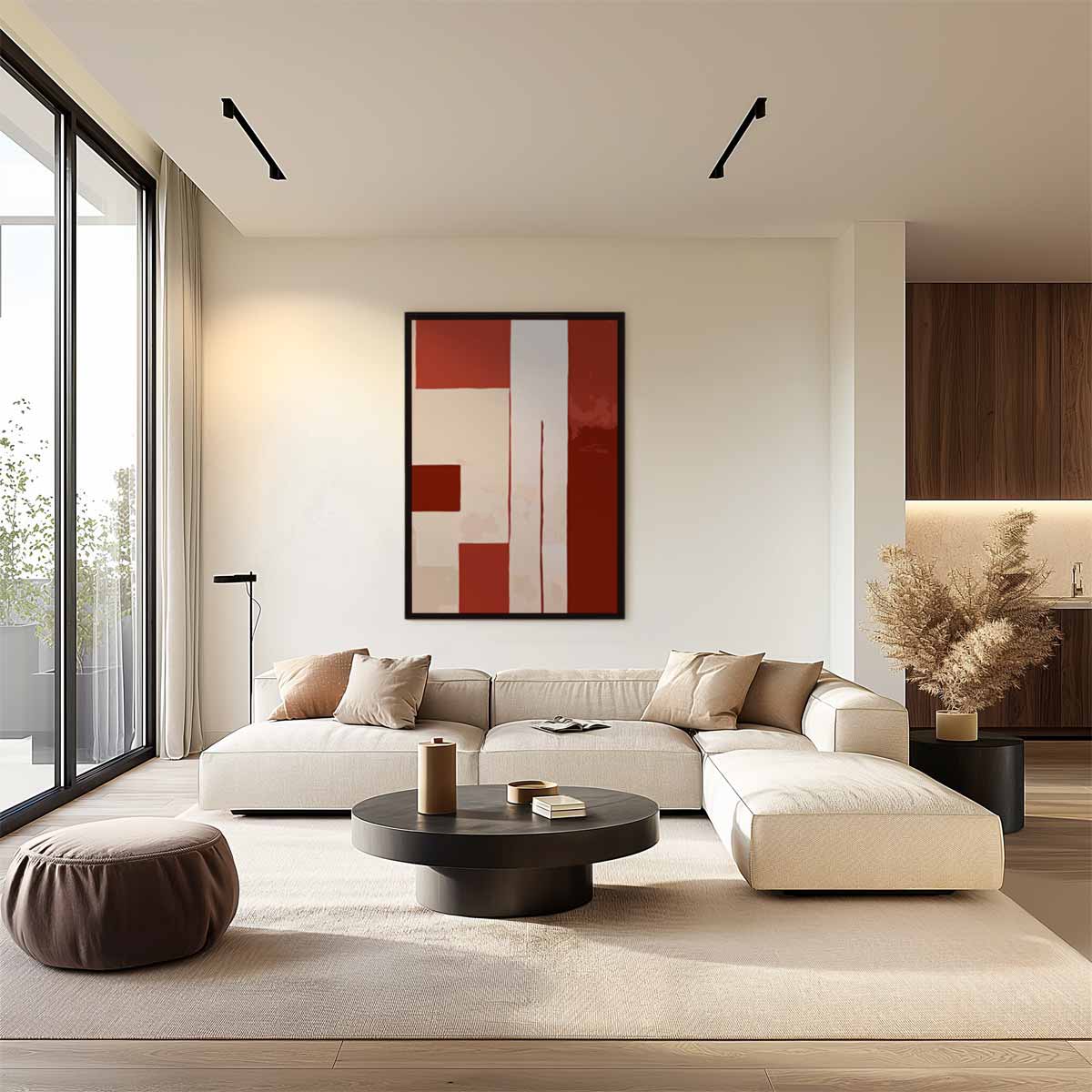 Abstracte Rood-Beige Compositie Kunstwerk-canvas-dibond-plexiglas-wanddecoratie-WallArtistic