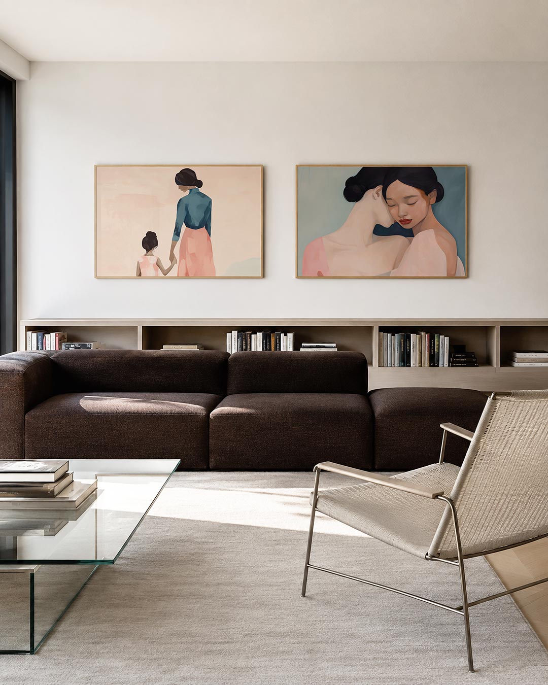 Interieurpresentatie van twee posters met twee figuren in zachte tinten