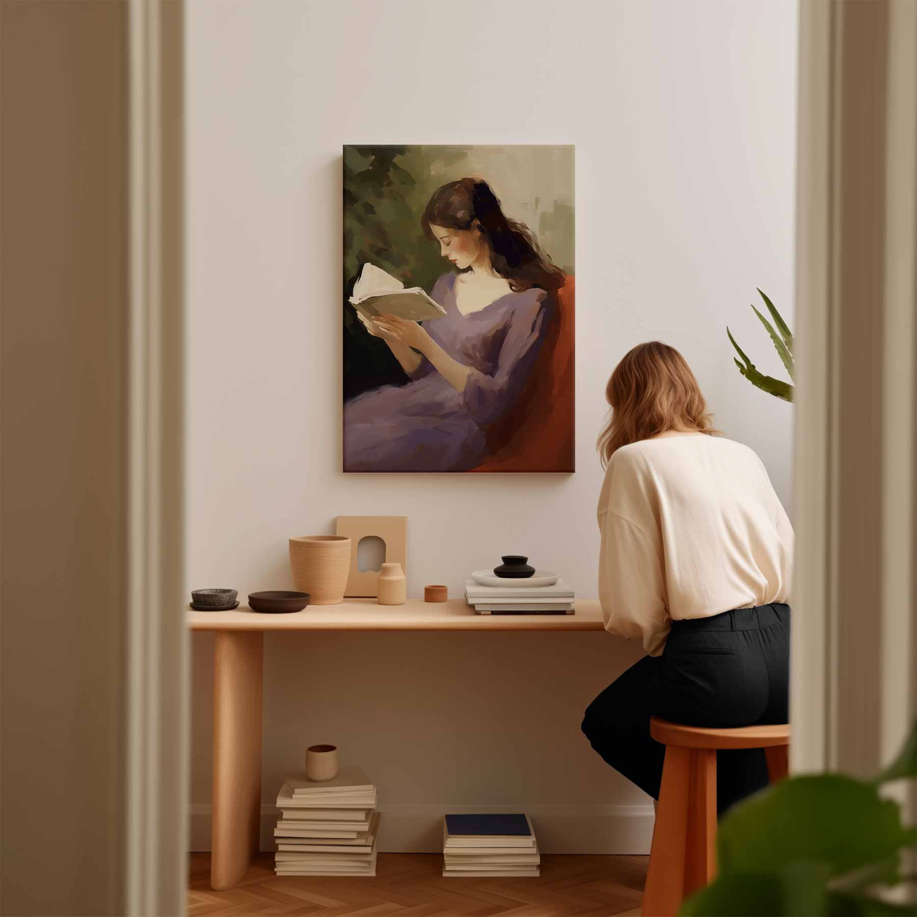 Lezende Vrouw in Rust Kunstwerk-canvas-dibond-plexiglas-wanddecoratie-WallArtistic