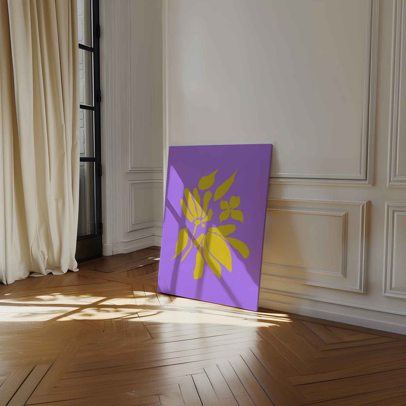 Bloemenenexplosie in Geel en Paars Kunstwerk-canvas-dibond-plexiglas-wanddecoratie-WallArtistic