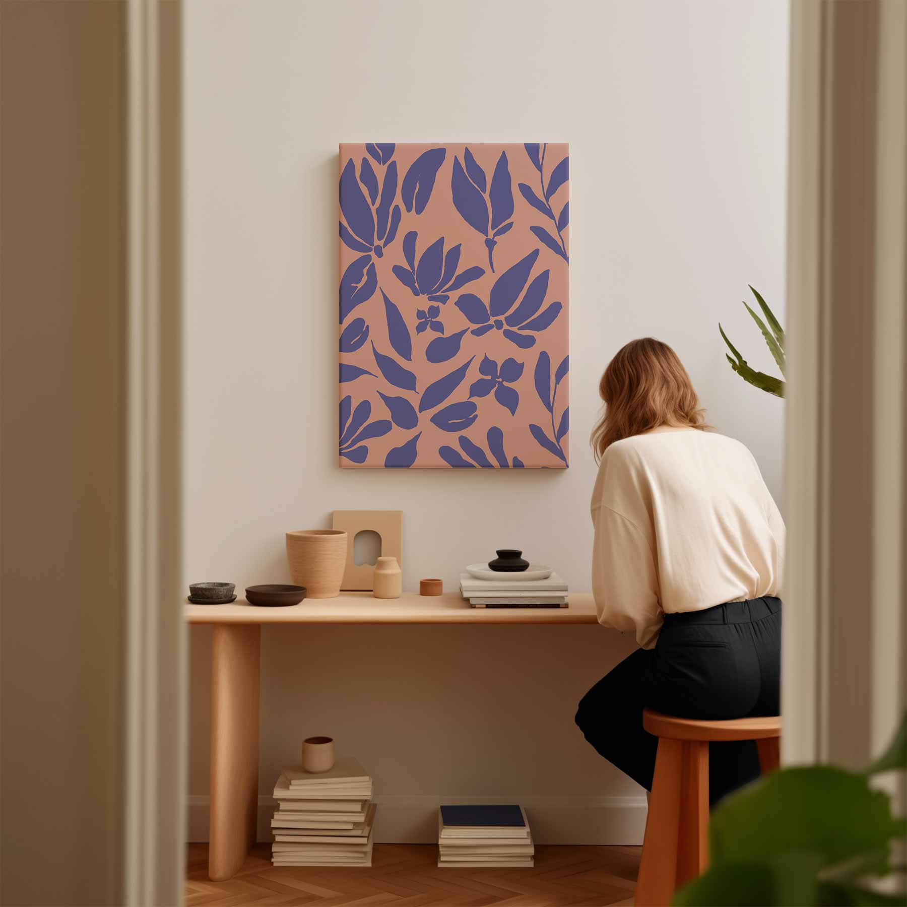 Bladeren in Paars op Perzik Kunstwerk-canvas-dibond-plexiglas-wanddecoratie-WallArtistic