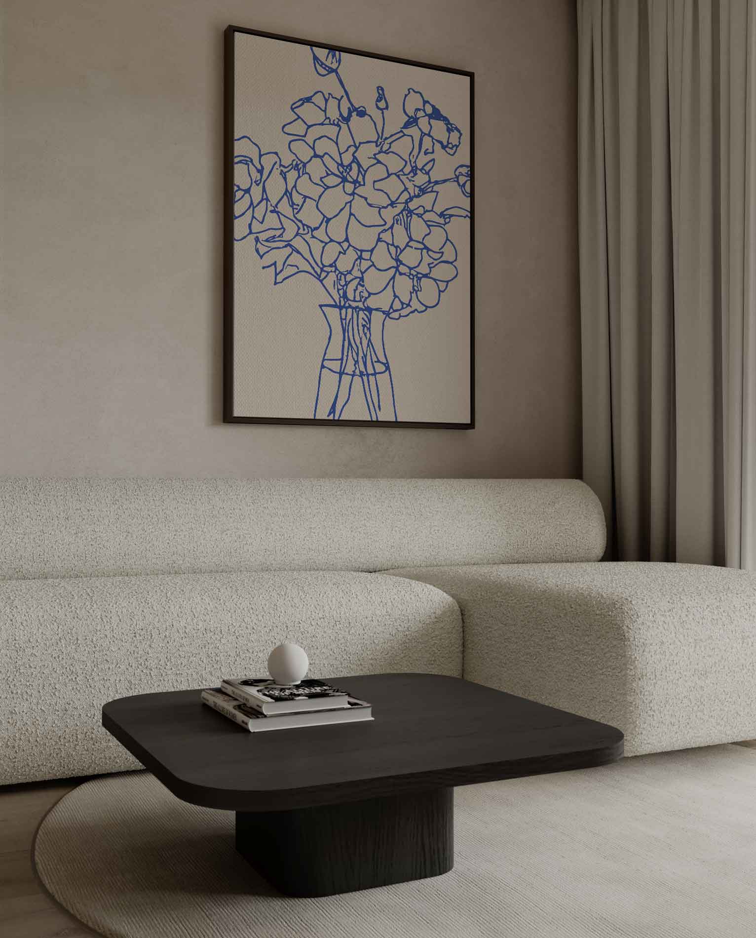 Elegante Blauwe Bloemenlijn Kunstwerk-canvas-dibond-plexiglas-wanddecoratie-WallArtistic