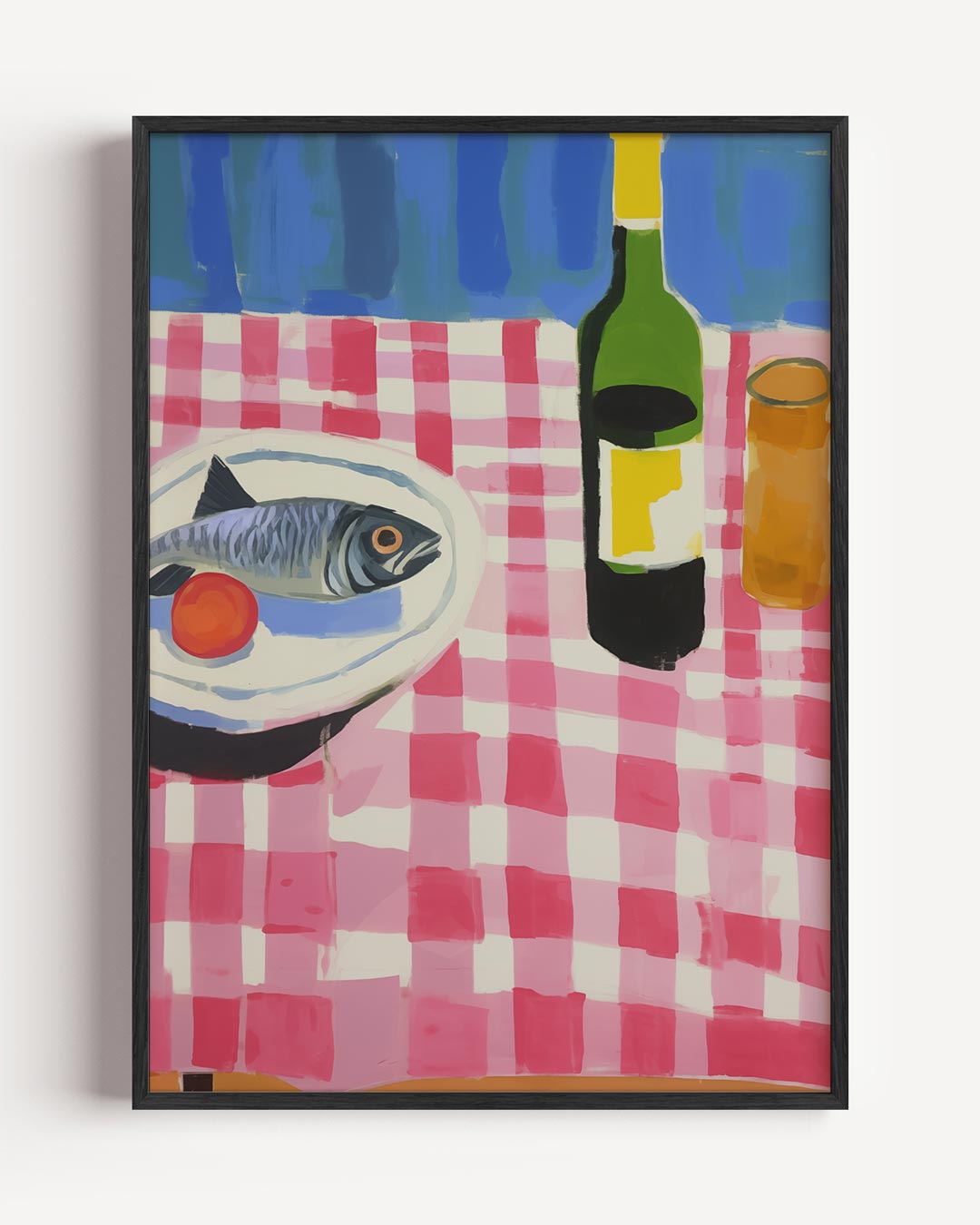 Vrolijke Keukenscène met Vis en Wijn Poster-WallArtistic