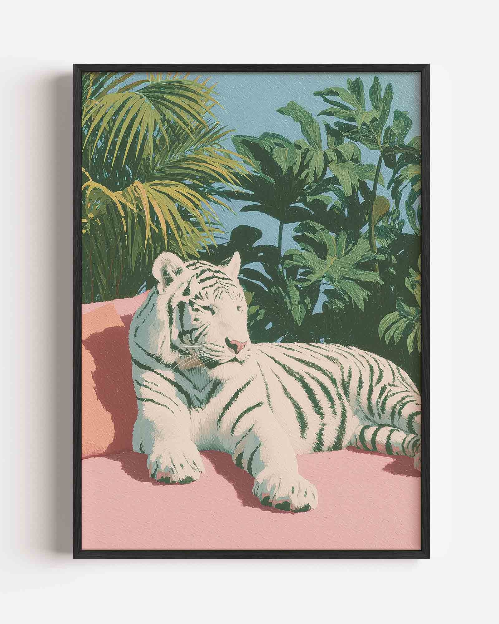 Witte tijger met bladeren Poster