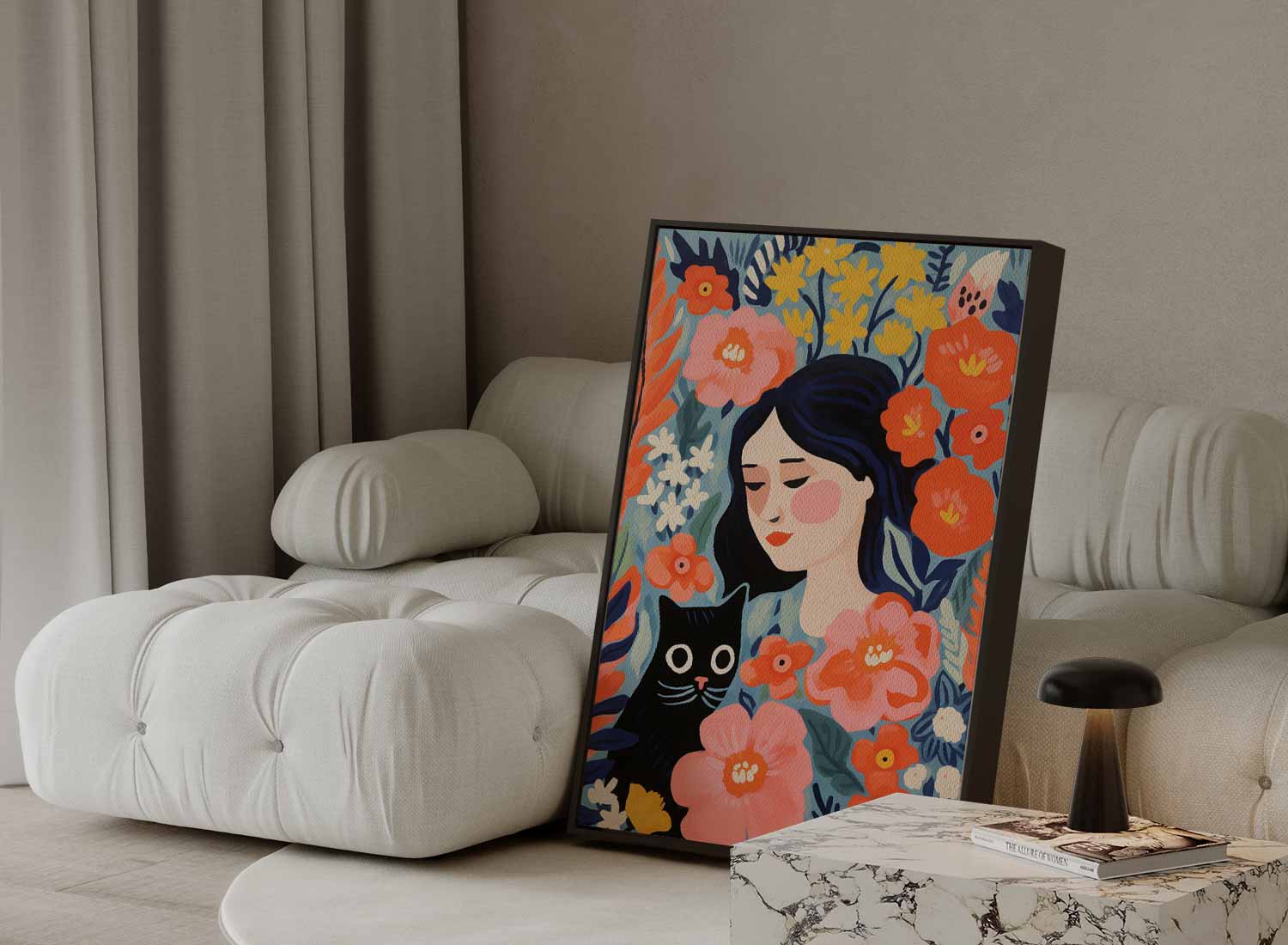 Bloemendroom met Kat Kunstwerk-canvas-dibond-plexiglas-wanddecoratie-WallArtistic
