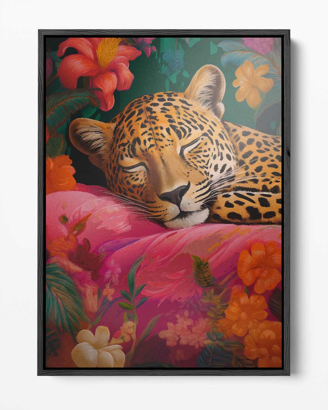 Dromerige Luipaard in Bloemenparadijs Kunstwerk-canvas-dibond-plexiglas-wanddecoratie-WallArtistic