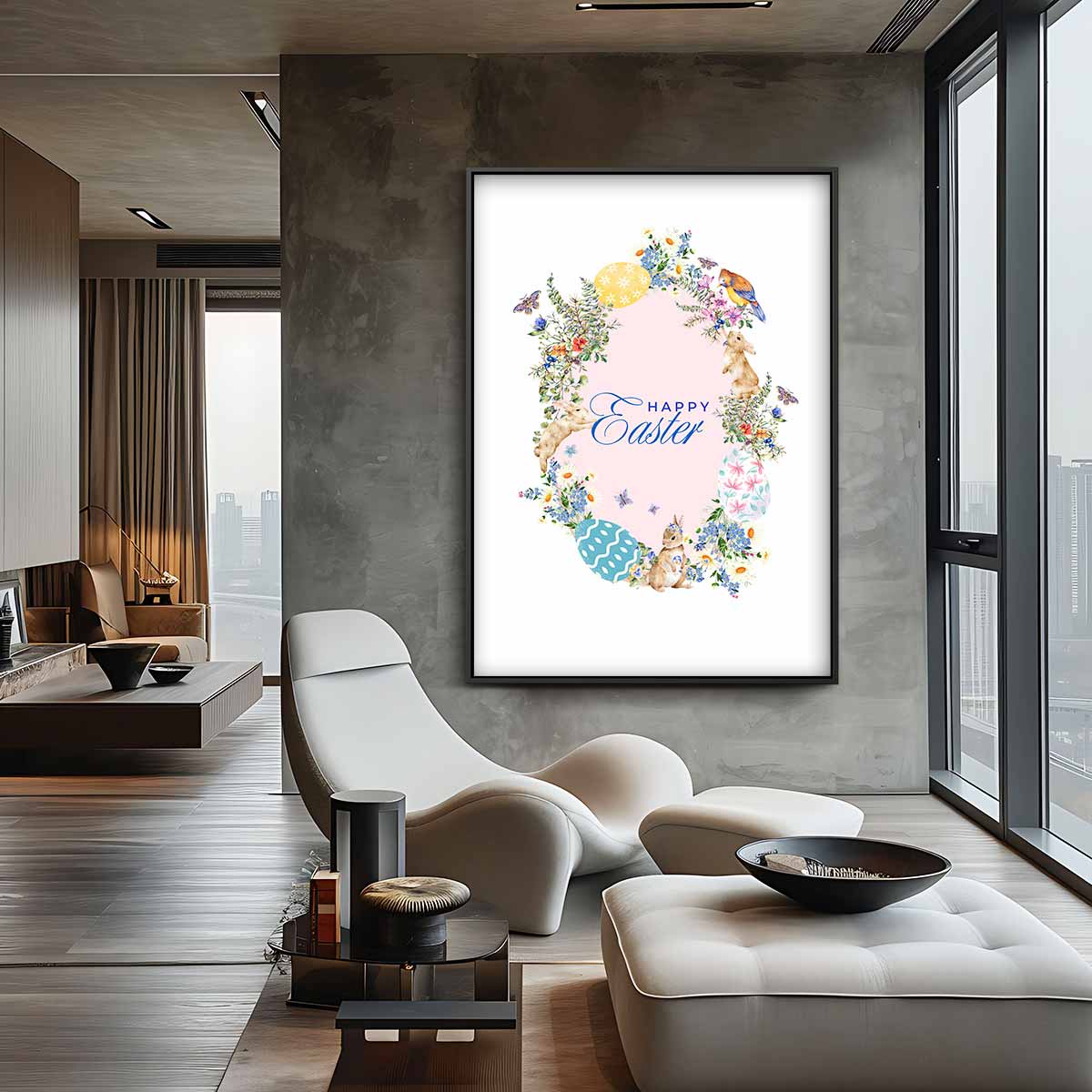 Vrolijk Pasen Bloemenkrans Kunstwerk-canvas-dibond-plexiglas-wanddecoratie-WallArtistic