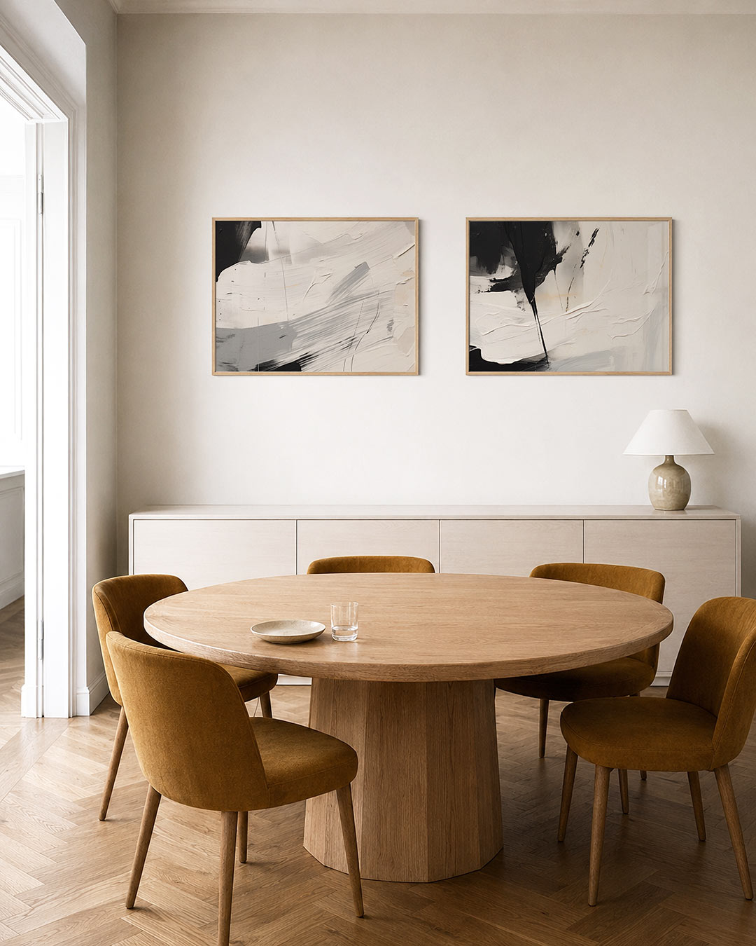 Tweedelige posterset met krachtige penseelstreken in zwart, wit en grijs, getoond in een interieur