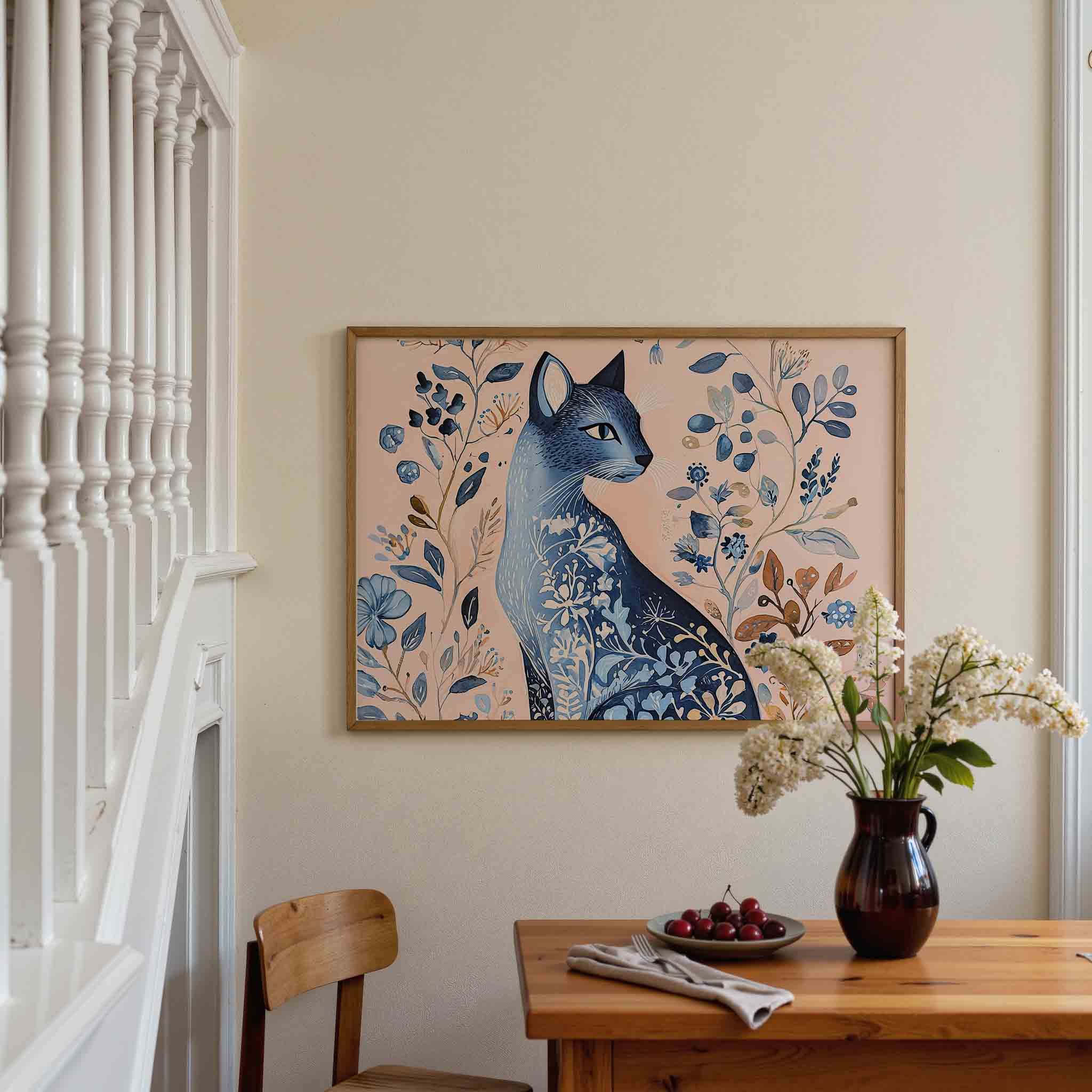 Blauwe kat met bloemen Poster