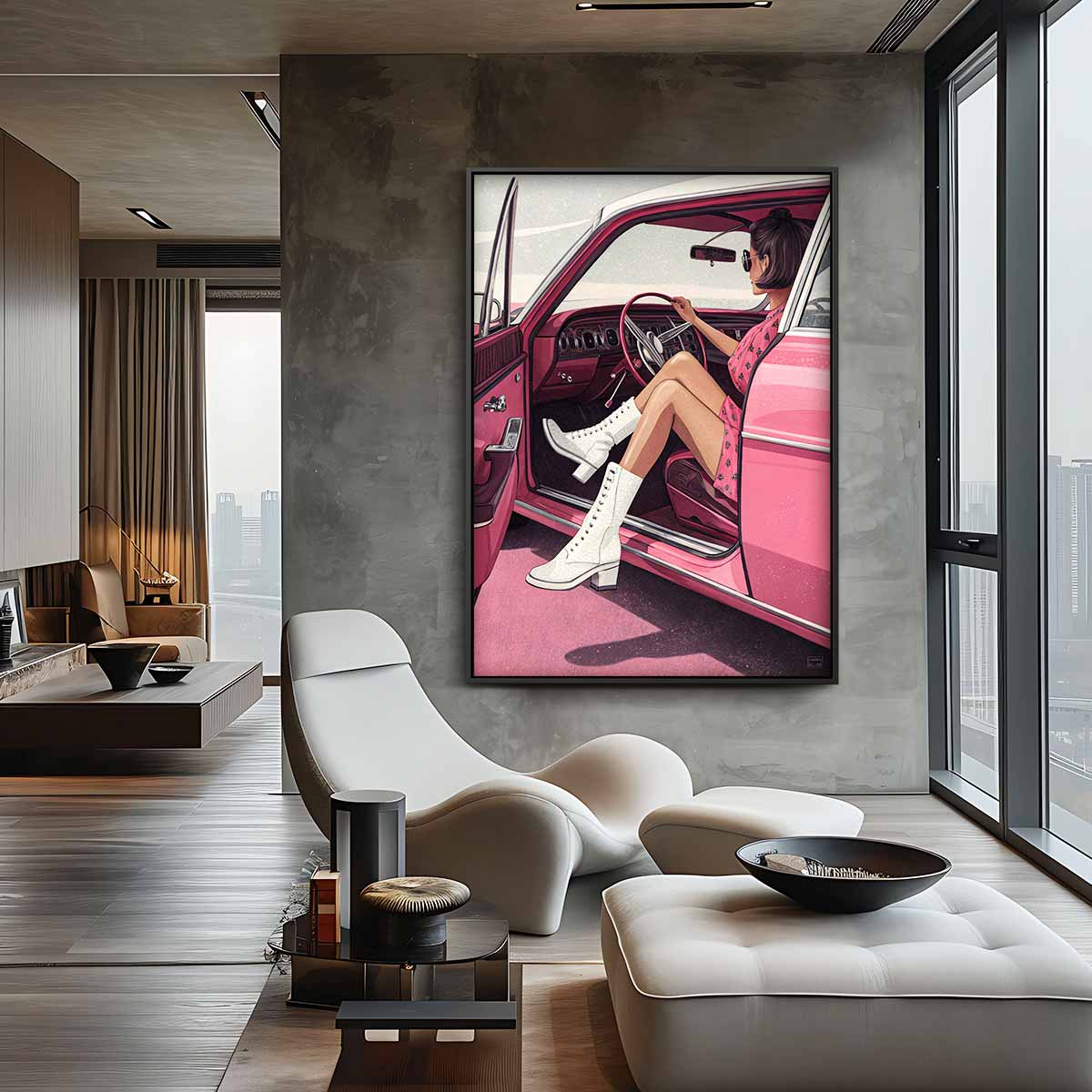 Vintage Glamor in de Roze Oldtimer Kunstwerk-canvas-dibond-plexiglas-wanddecoratie-WallArtistic