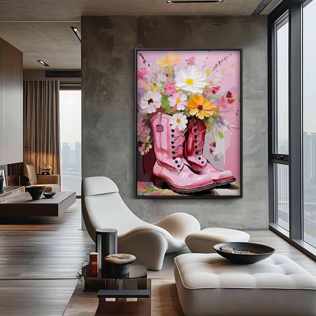 Bloemrijke Laarzen in Roze Tint Kunstwerk-canvas-dibond-plexiglas-wanddecoratie-WallArtistic