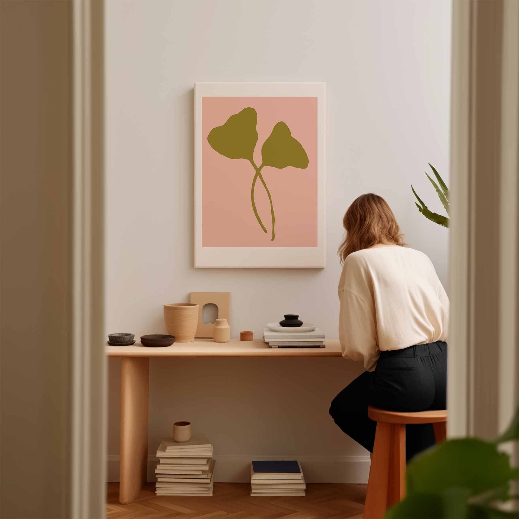 Minimalistische Bladvormen op Zalmkleur Kunstwerk-canvas-dibond-plexiglas-wanddecoratie-WallArtistic